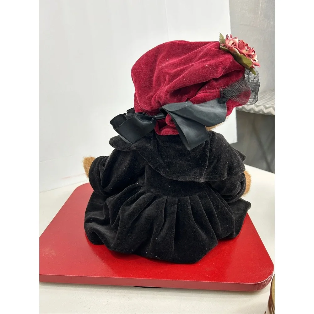 Vintage Artist Teddy Bear Dressed Black Velvet Coat Red Hat Flower Veil Handmade